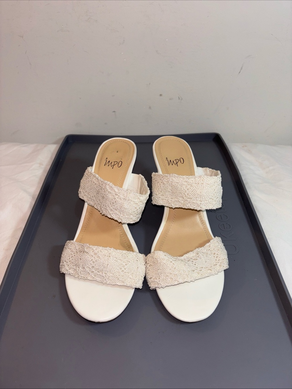 IMPO White Lace Double-Band Slide Sandals. 7/19